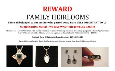 Reward for family heirloom jewelry stolen in Seattle